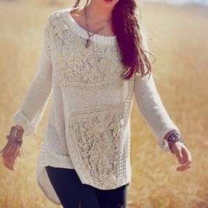 Free People Cream Crochet-Panel Scoop Neck Sweater